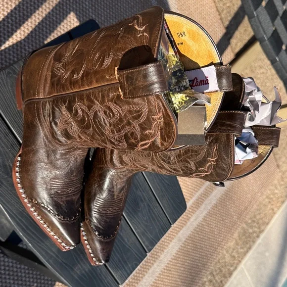 Tony Lama Brown Heeled Boots with Embroidery and Rhinestones - Picture 6 of 9